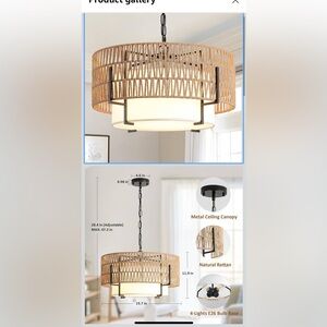 Boho Rattan Chandelier, 19.7" Rattan Pendant Light with Fabric Shade